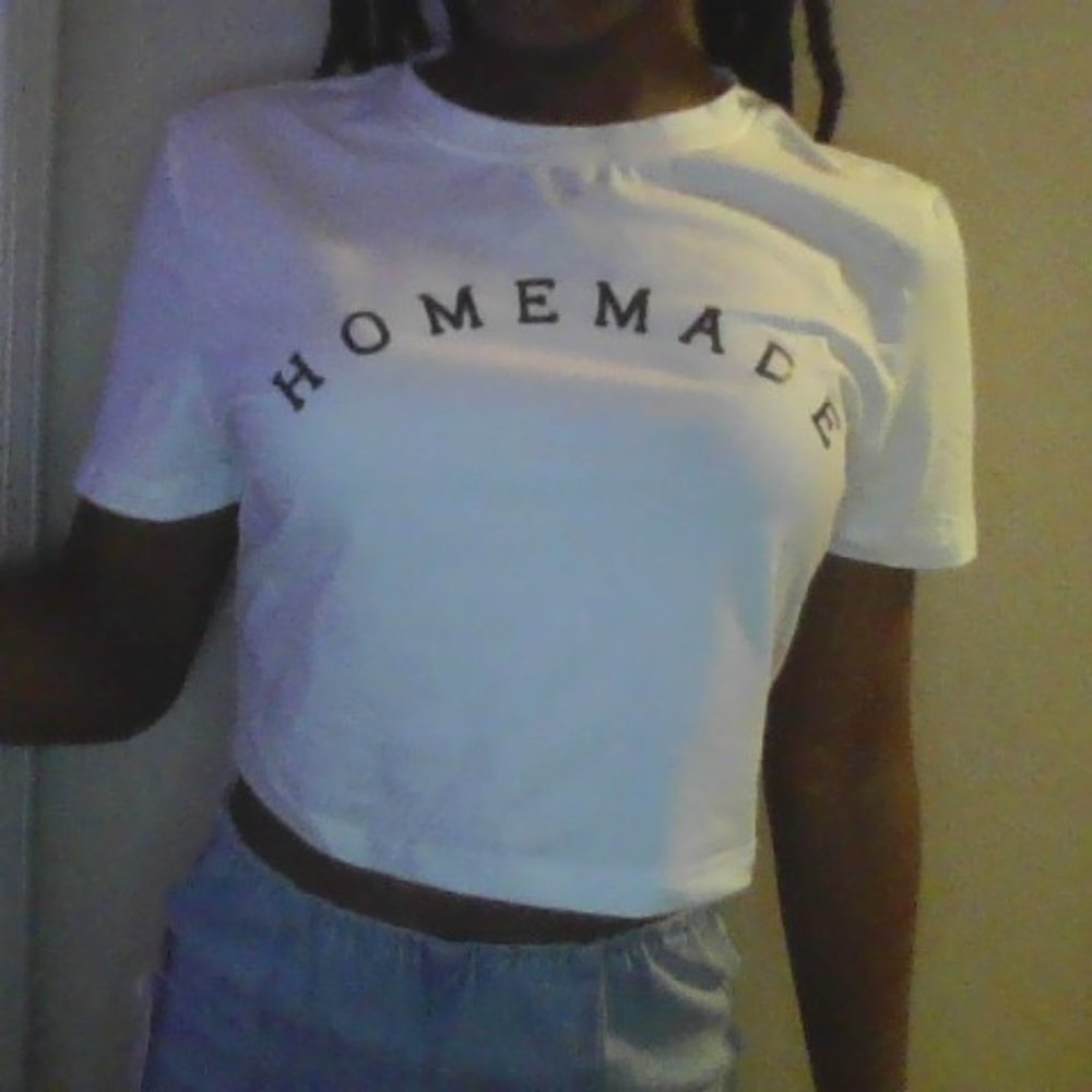 white tee with black letters